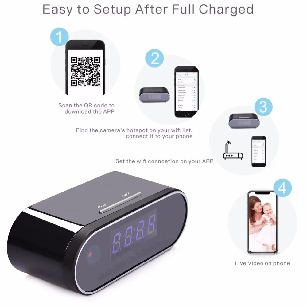 Настольные часы 1080P HD камера с сигнализацией мини ИК ночным видением