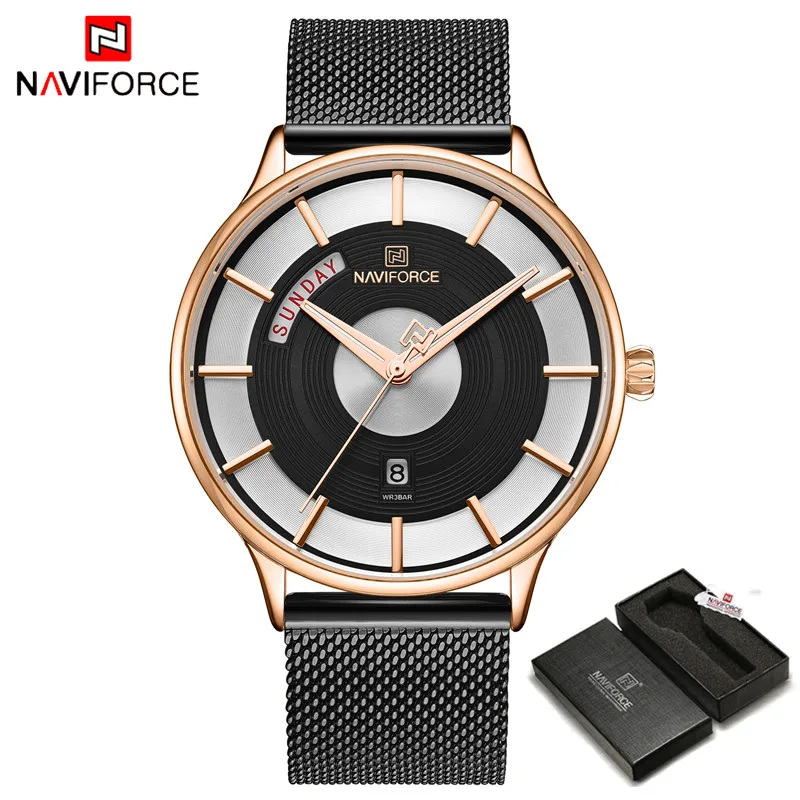 Rose Gold Black -Box NAVIFORCE Топ люксовый бренд часы мужские модные стальные сетчатые Кварцевые спортивные часы мужские повседневные деловые наручные часы Relogio Masculino - Цвет: Rose Gold Black -Box