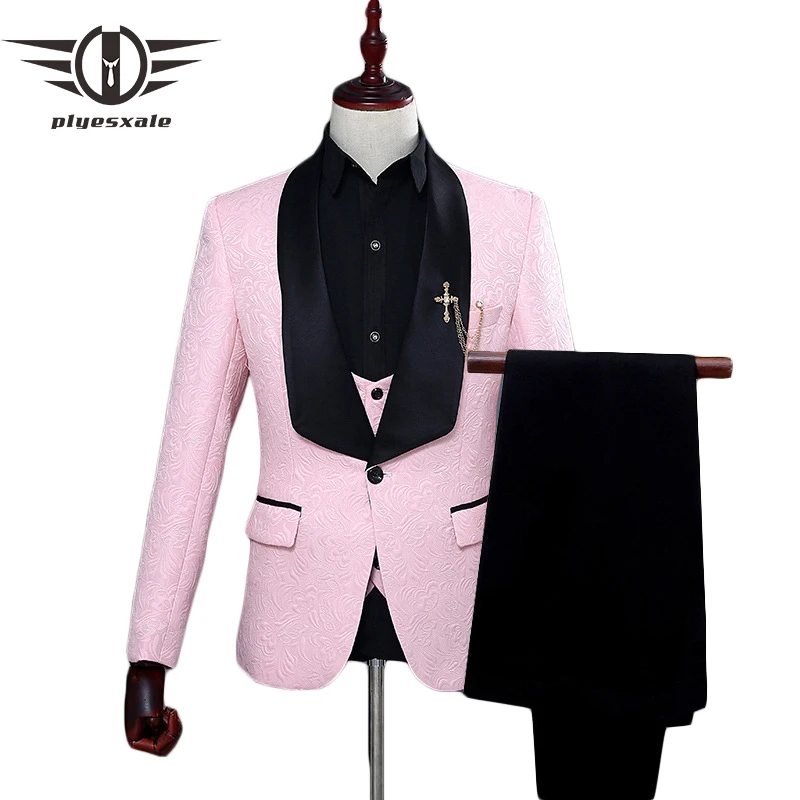 Plyesxale красный белый розовый костюм для мужчин 2018 Slim Fit шалевым воротником мужские