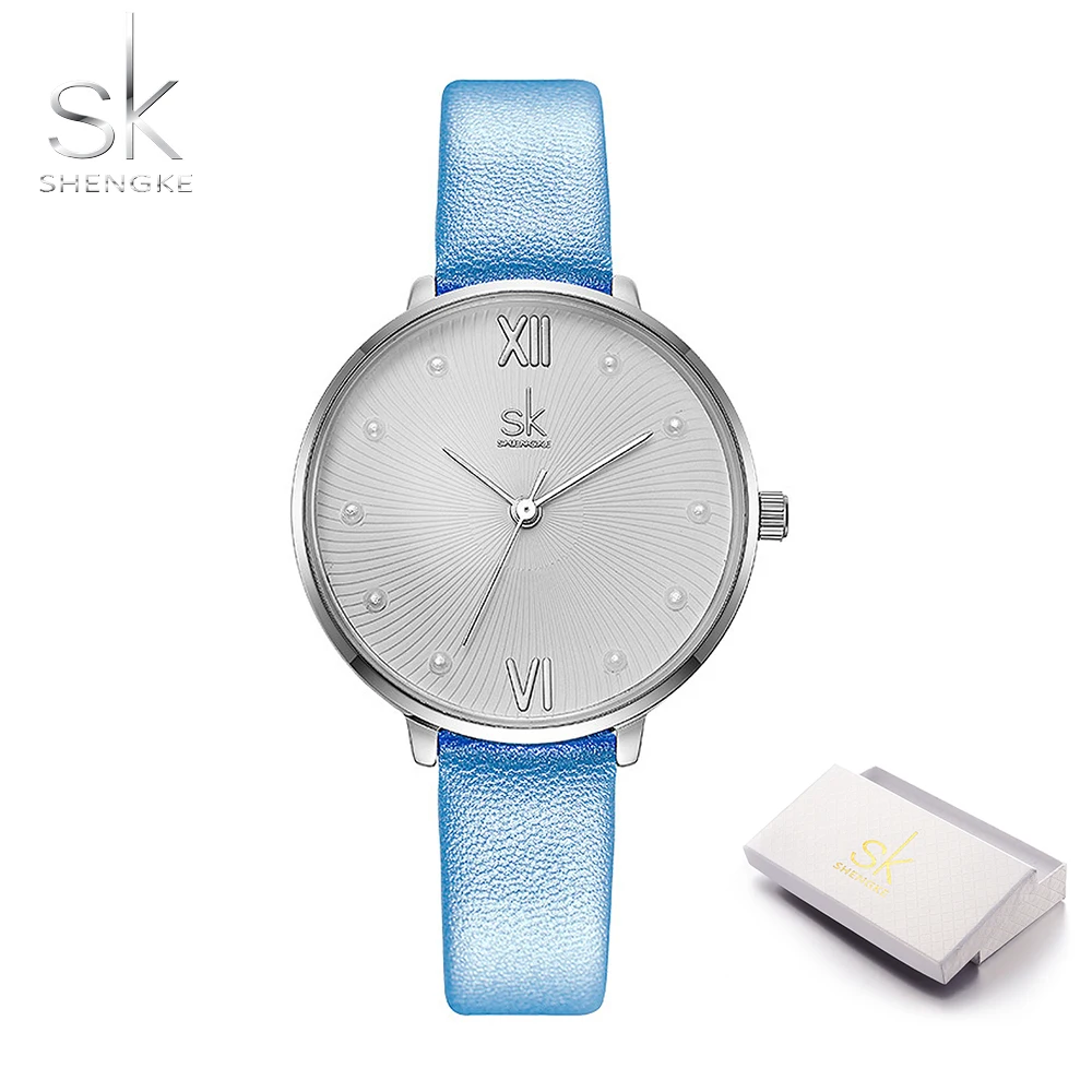 blue with box Shengke SK женские кварцевые часы с жемчужным циферблатом женские часы с белым кожаным ремешком Reloj Mujer женские часы в подарок на день Zegarek Damski SK1 - Цвет: blue with box