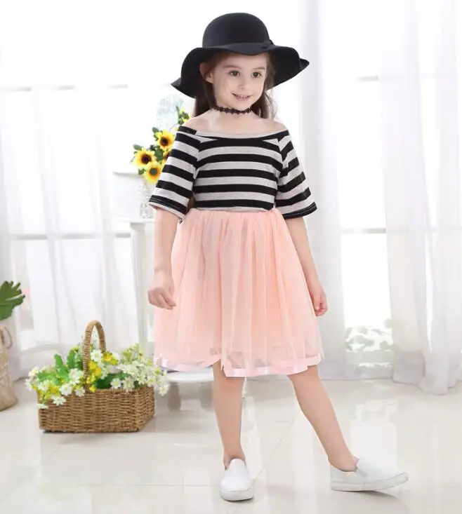 2019 summer new ins girls children's fashion trend striped stitching mesh dress in the big girl princess | Детская одежда и