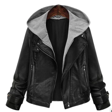 Черный Европейская и американская женская кожаная куртка большого размера, женское тонкое кожаное короткое пальто с капюшоном и длинными рукавами, горячая распродажа - Цвет: Черный