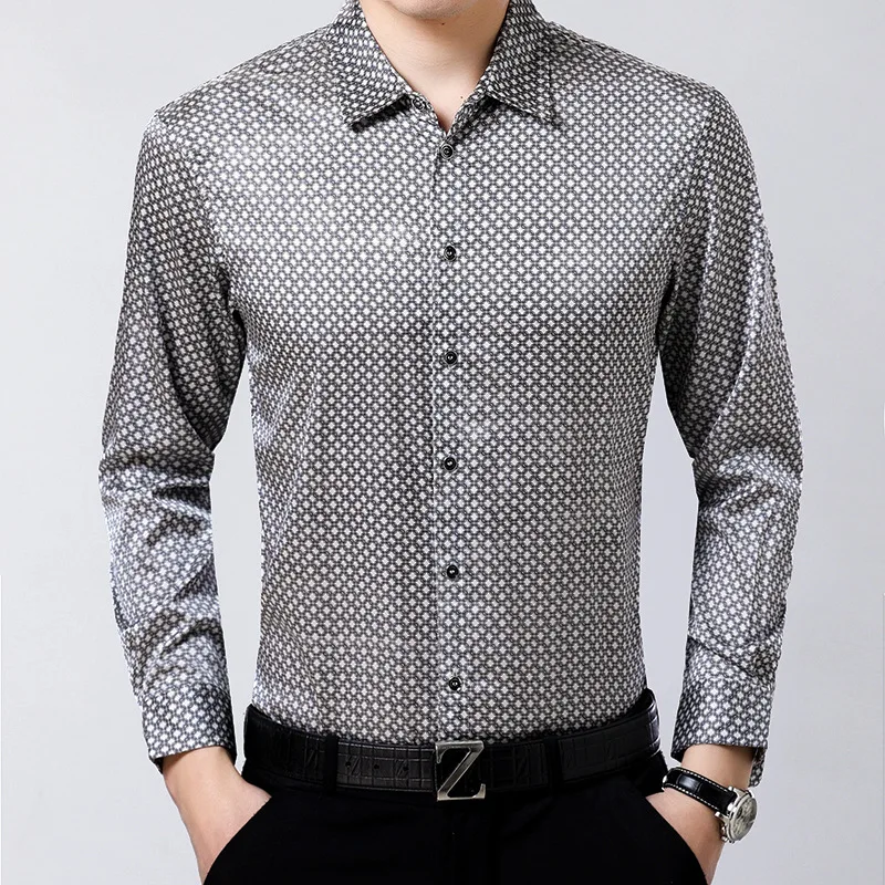 Рубашка мужская из натурального 92% шелка маленький деловой клетчатый шелк атлас