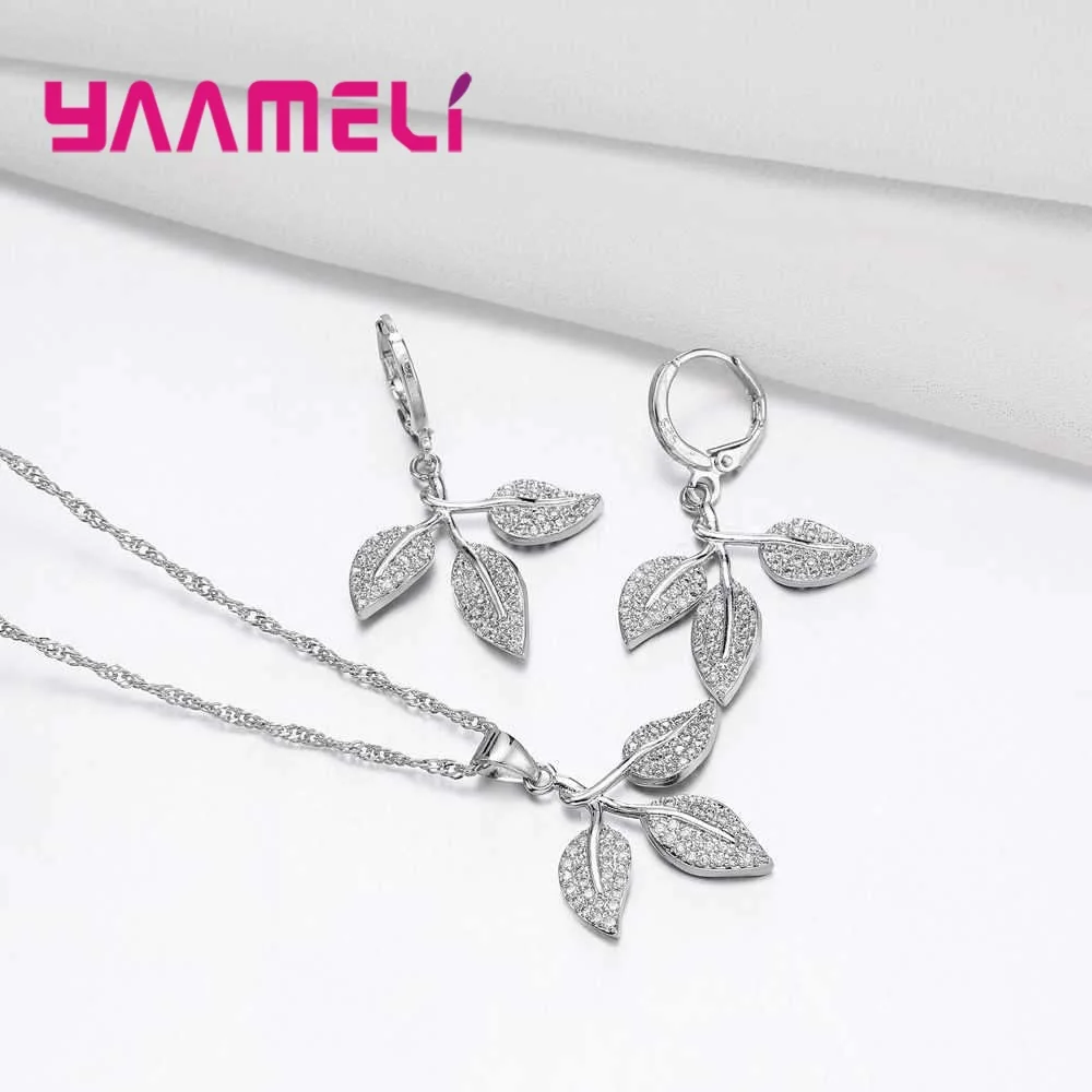 

Three Leaves Shape Pendant Necklace 2 pcs Earrings Sets For Ladies Women Wedding Party 925 Sterling Silver Jewelry Sets