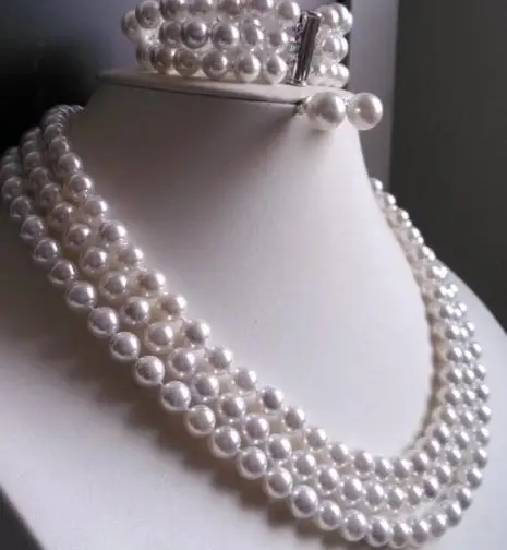 

Birthday Jewelry 3 Rows 17-19inches 8mm White Shell Pearl Necklace Bracelet 10mm Earrings Wedding Party Jewelry Set