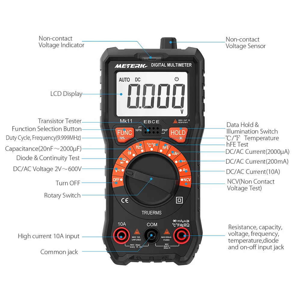 Meterk 2000 отсчетов Цифровой мультиметр True RMS Многофункциональный Автоматический