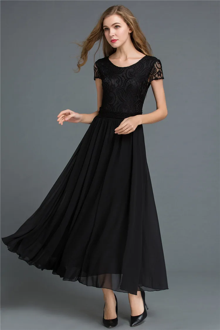 2017 модные милые шифон Сращивание Кружева Круглый воротник с коротким рукавом