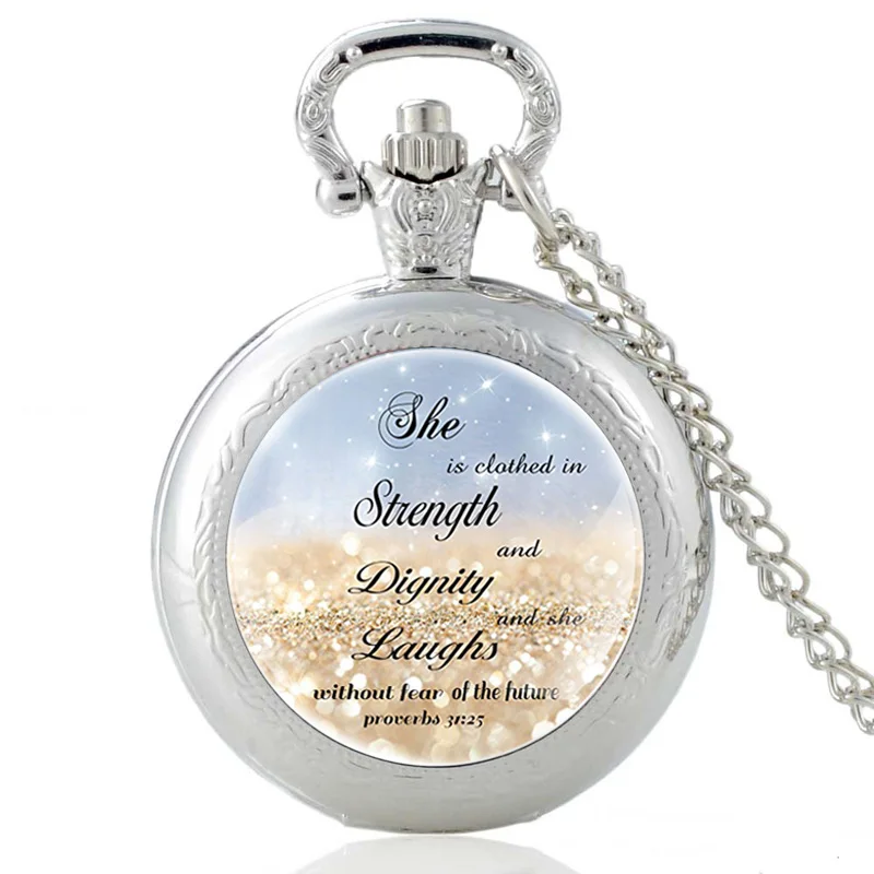 

She is clothed in Strength and Dignity and she laughs without fear of the future Bible Verse Silver Vintage Quartz Pocket Watch