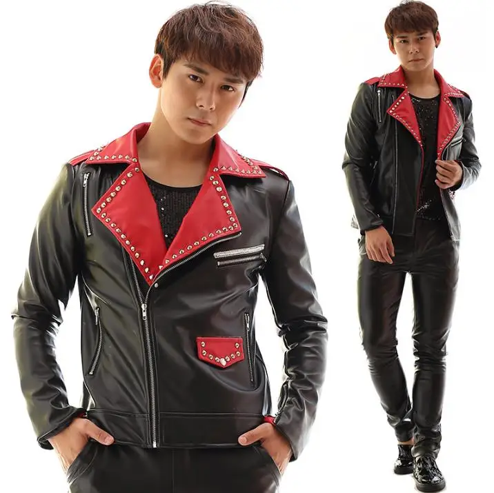 Черная красная кожаная мотоциклетная куртка с косой молнией в стиле пэчворк