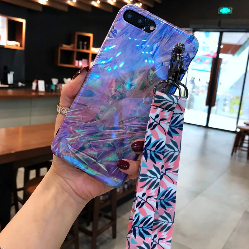 Blu-ray pink green leaf iPhone7 mobile phone shell x lanyard 6s all-inclusive anti-fall 8plus | Мобильные телефоны и