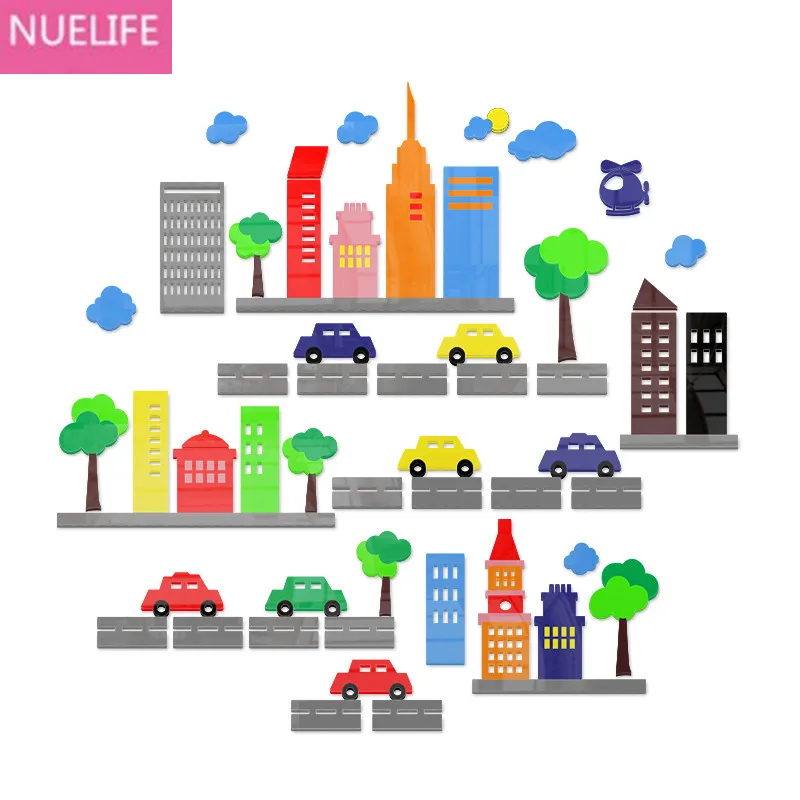 Cartoon city car design 3D acrylic Wall stickers bedroom kids room school kindergarten background wall decoration | Дом и сад