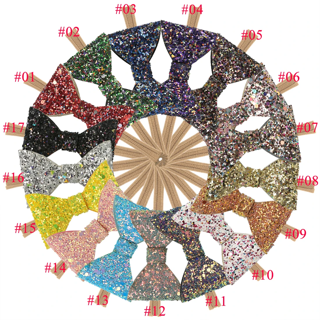 17pcs/lot Glitter Bows with Nylon Band Children Stretchy Headband Elastic Hair Bands Headwear | Детская одежда и обувь