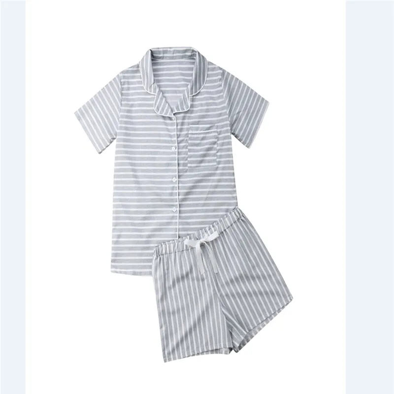 Новые женские пижамные комплекты летние рубашки с коротким рукавом+ брюки Домашняя одежда пижамы халат - Цвет: Серый