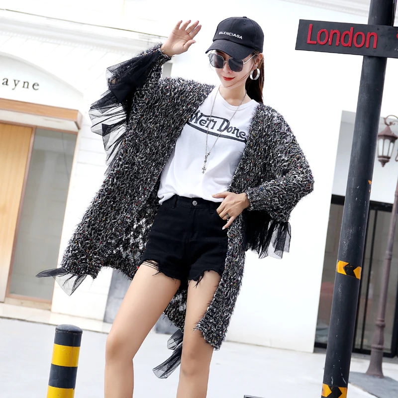 girl 2018 autumn and winter Thailand tide brand back beauty sweater ruffled bat sleeve large size long women Large |
