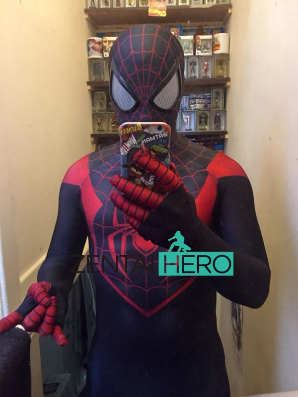 Бесплатная доставка DHL 2016 3D печать Ultimate Miles Morales костюм Человека-паука спандекс