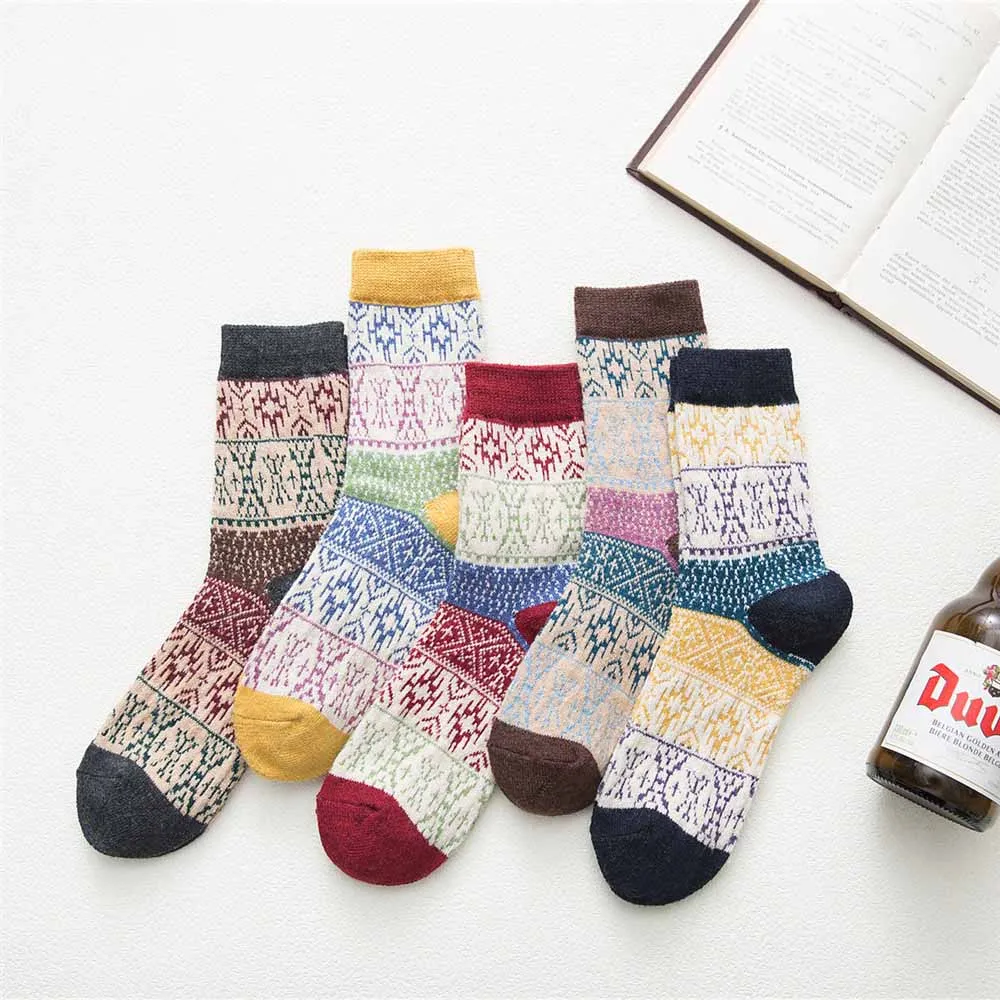 5-color mixing Продукт, зимние женские толстые теплые цветные клетчатые свежие хлопковые Harajuku модные шерстяные носки, 5 пар - Цвет: 5-color mixing