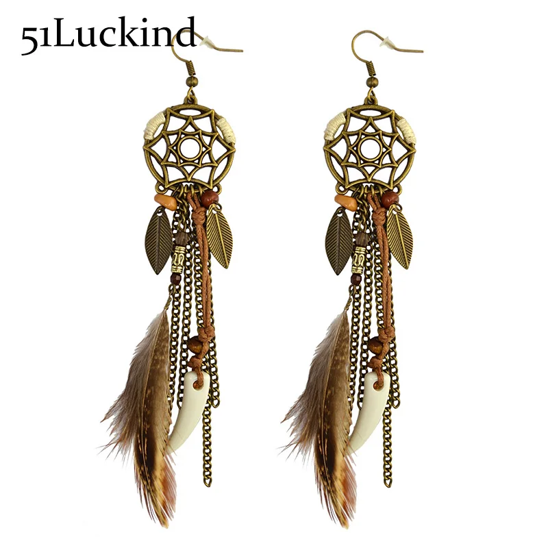 Бохо этнические Ловец снов перо антикварные длинные серьги Крючки Необычные