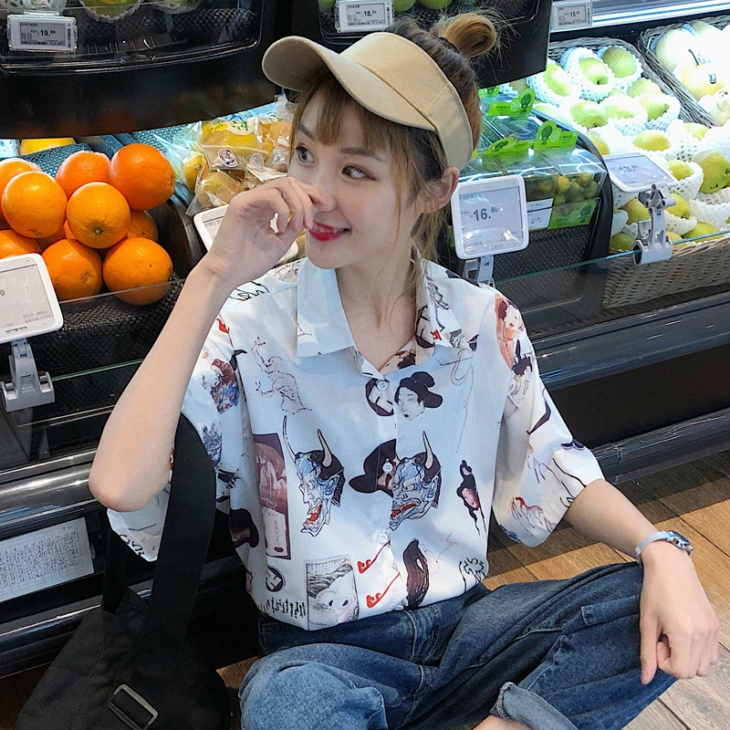 Korobov Ulzzang, женские блузки, Ретро стиль, мультяшный принт, корейские женские рубашки, короткий рукав, уличная одежда, Harajuku Blusas Mujer 77968