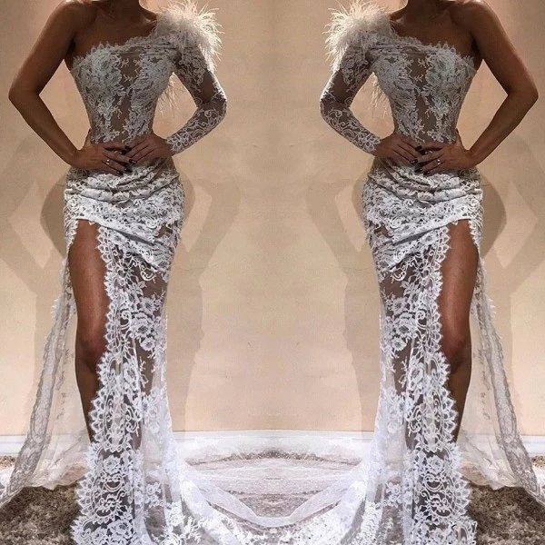 New Fashionable White Prom Dress Long Sexy High Slit One Sleeve Lace Mermaid Evening Party Gowns