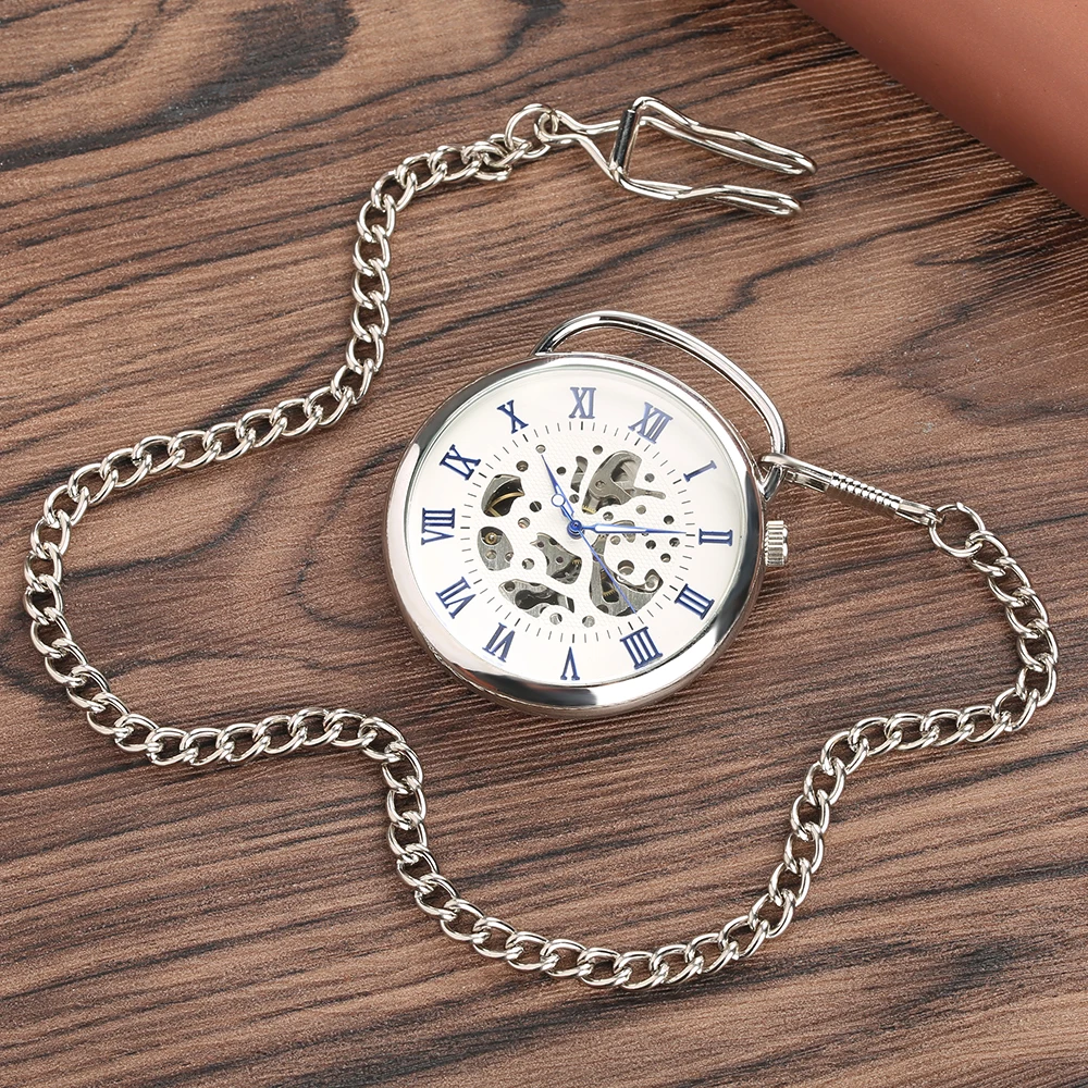 Hand Operated Mechanical Pocket Watch for Man, Silver Case Blue Roman Digital Pocket Watches for Boys, Large Watch for Teenager