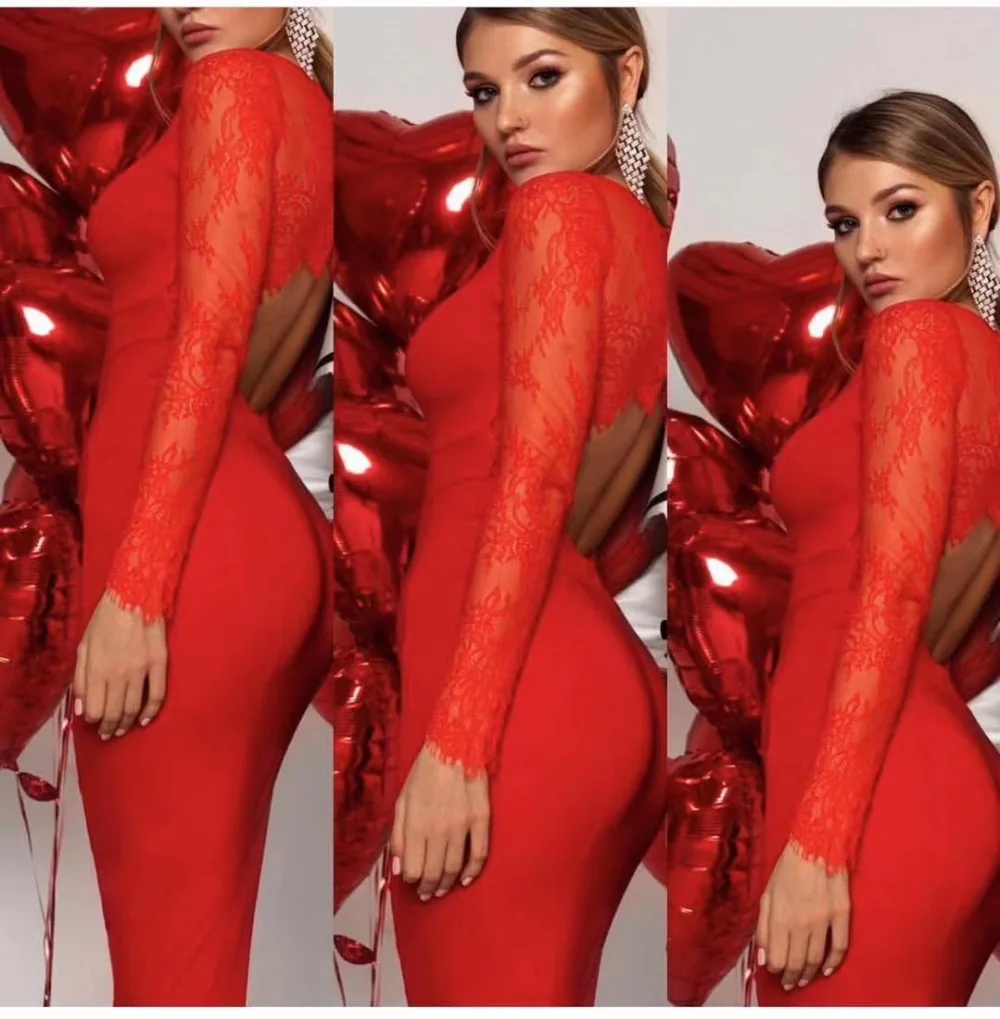 Бандажное платье с длинным рукавом кружевное красное черное из искусственного