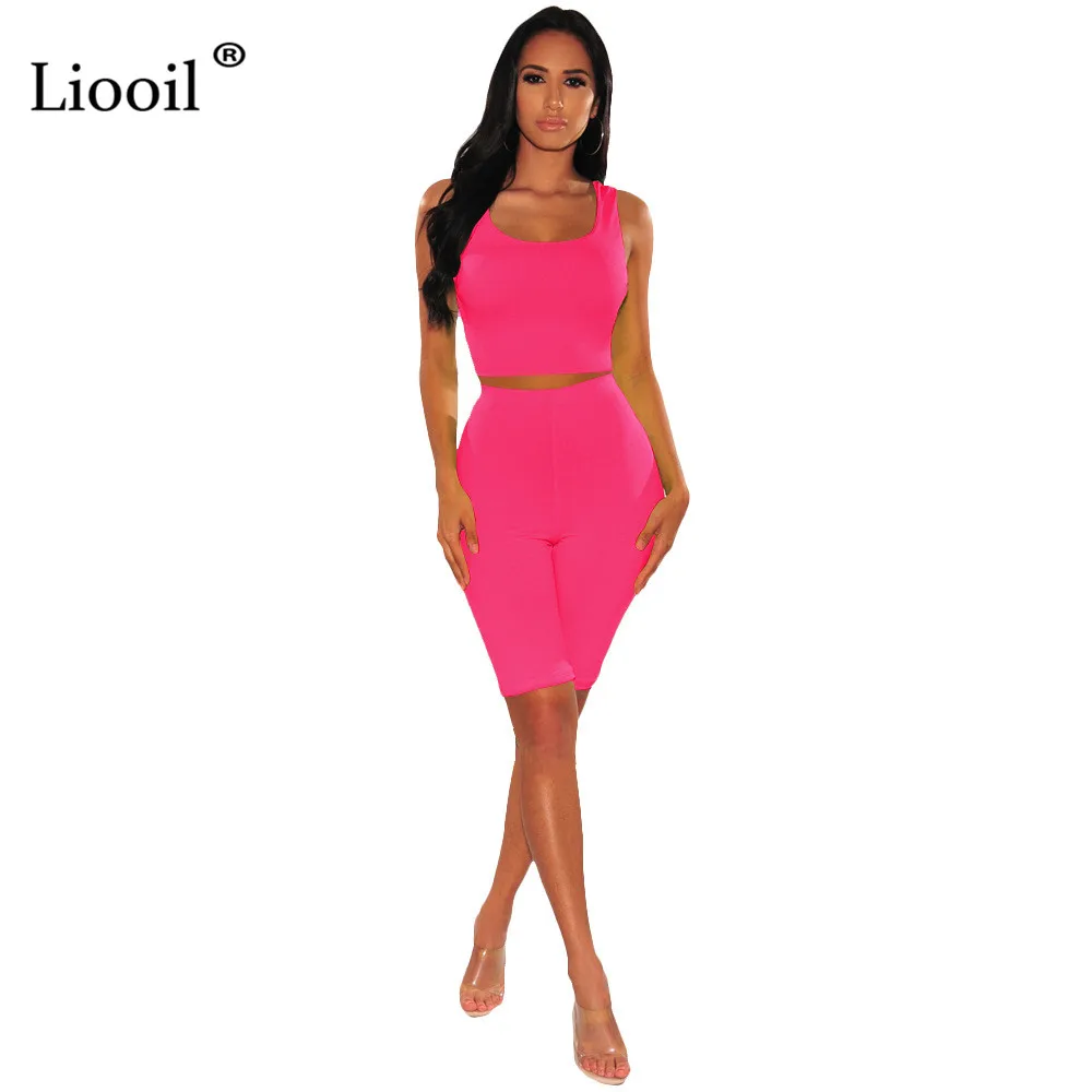 Liooil неоновый зеленый облегающий комплект из 2 предметов, женские обтягивающие наряды, спортивные костюмы, сексуальный топ на бретелях и байкерские шорты, летний комплект для активного отдыха