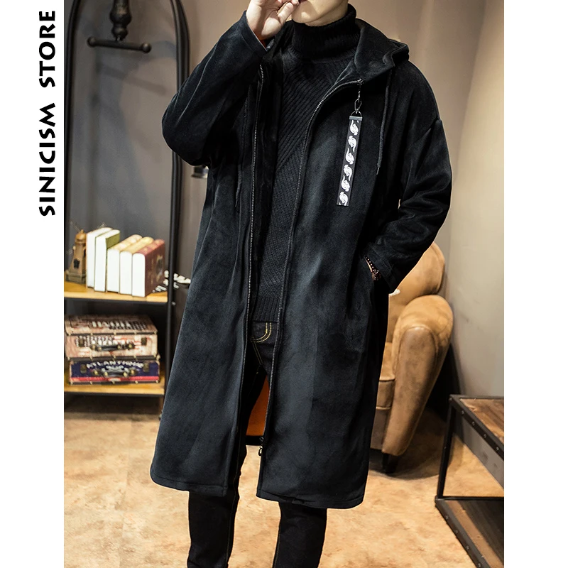 Sinicism Store мужской Утепленный велюровый Тренч 2018 Мужская черная длинная куртка