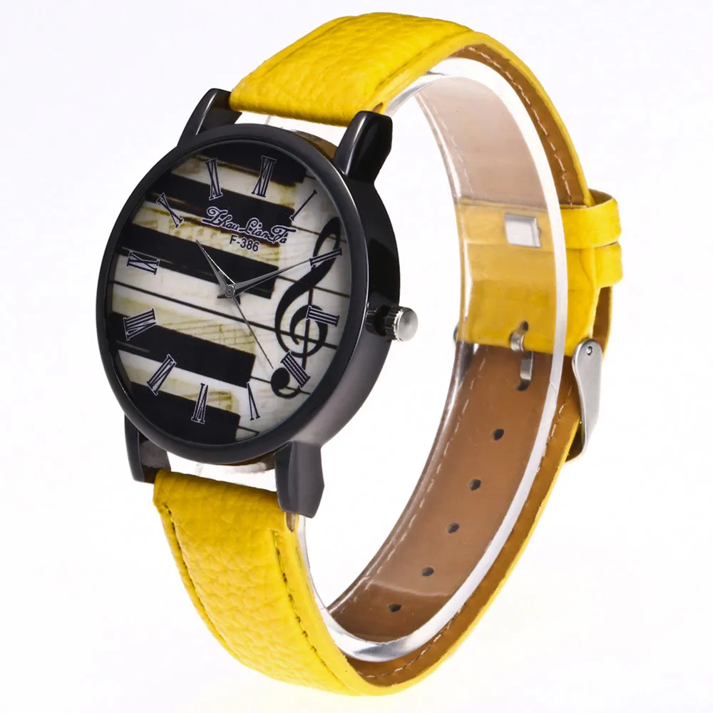 Genvivia Lady note pattern Желтые часы женские повседневные кварцевые с кожаным ремешком 2019