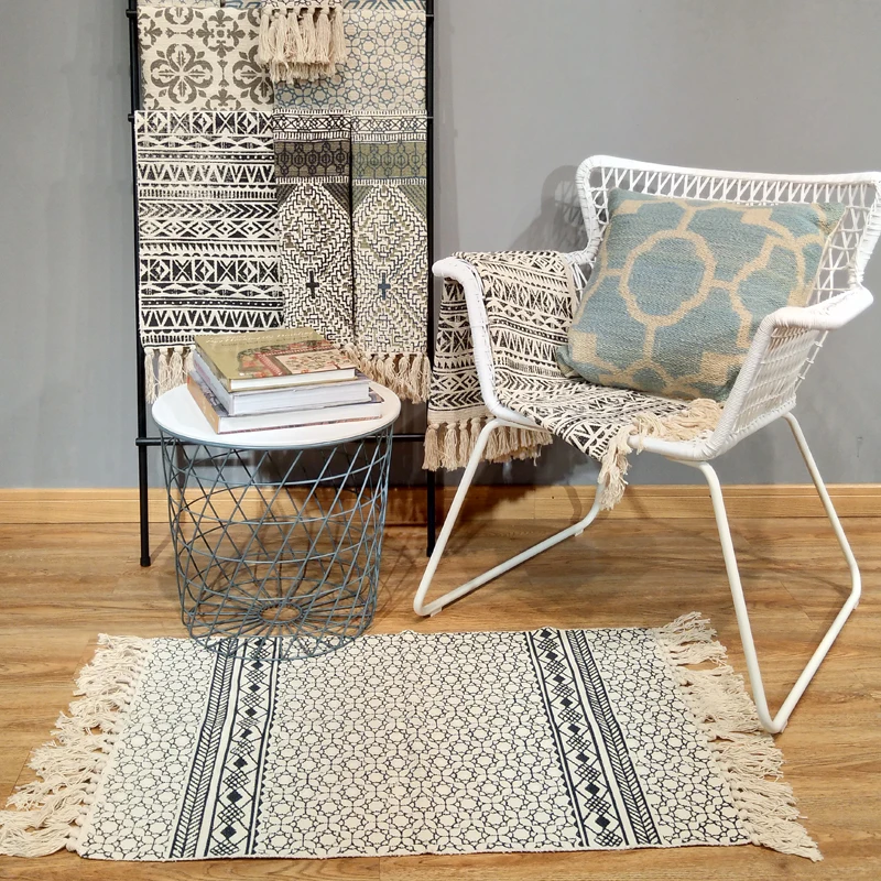 Килим черный белый 100% хлопок ковер для гостиной геометрический индийский