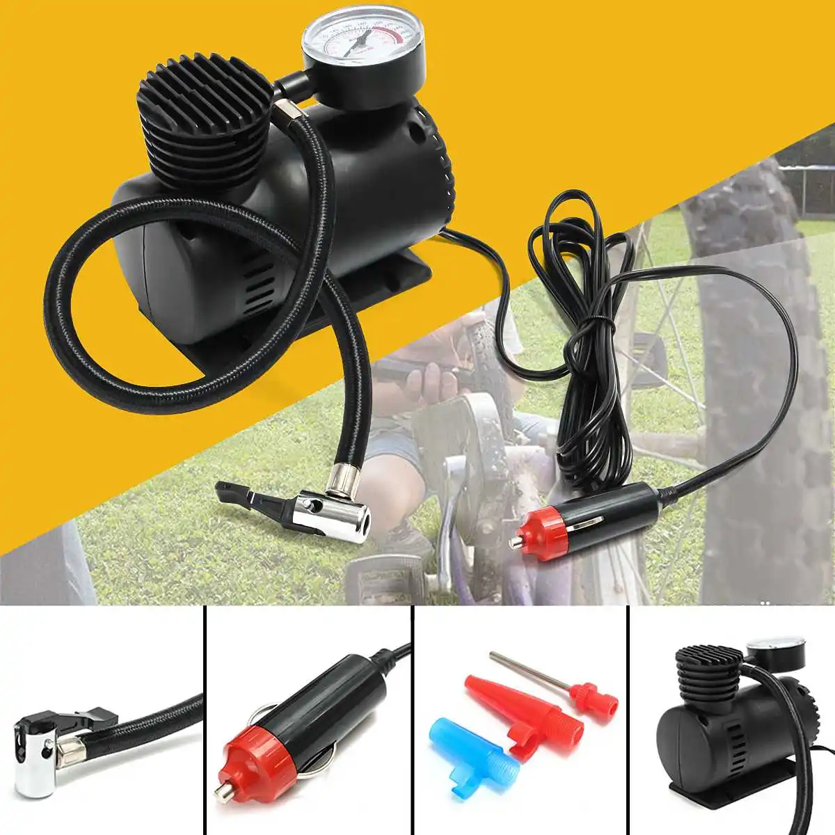 Портативный мини компрессор для шин 12 В 300psi с 2 адаптерами|Велосипедные насосы| |