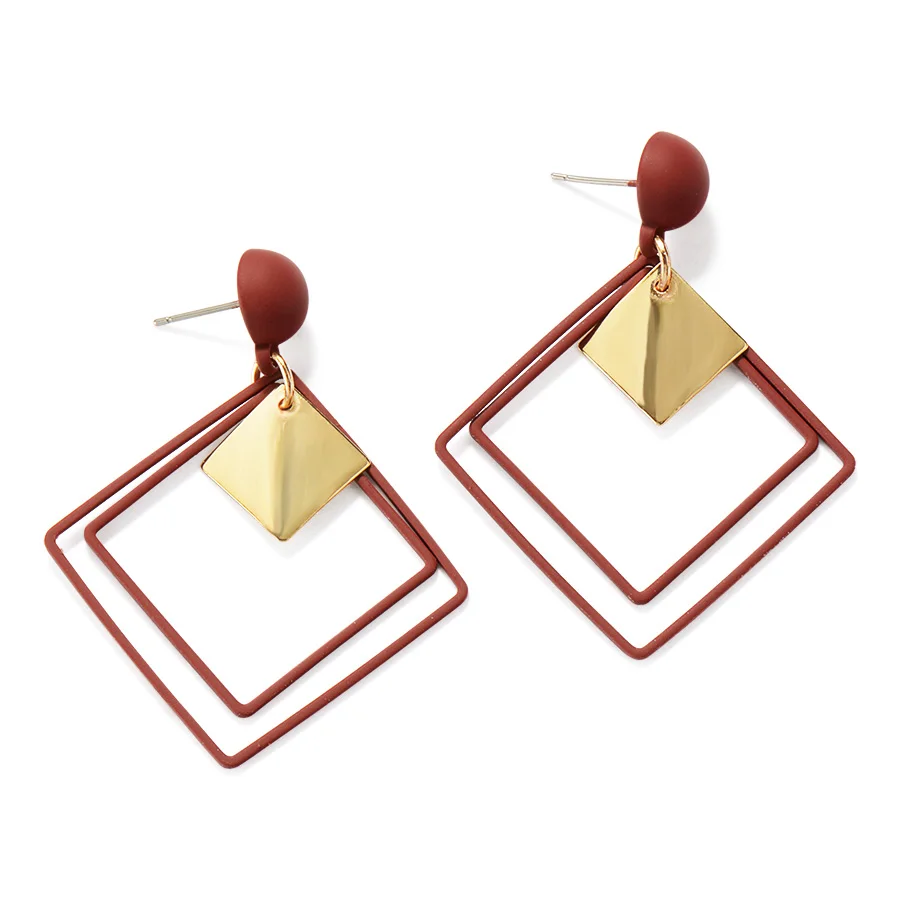 RAVINOUR Brincos Femme Bijoux, большие двойные квадратные висячие серьги, женские модные ювелирные изделия в стиле панк, золотая металлическая длинная серьга - Окраска металла: Wine