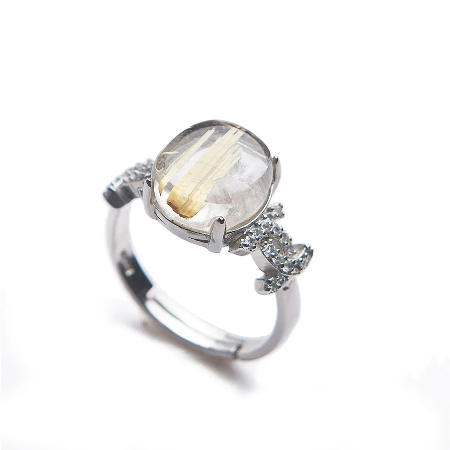 Adjustable Genuine Natural Titanium Rutilated Quartz Round Bead Fashion Silver Women Engagement Ring 10*11mm