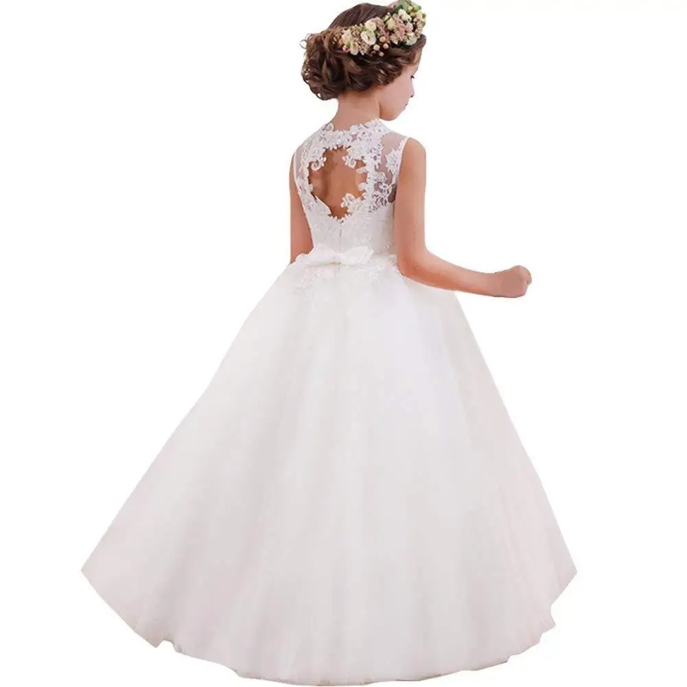 

Милое новое белое платье с цветочным рисунком для девочек на свадьбу платье принцессы с открытой спиной кружевные платья для девочек для пе...