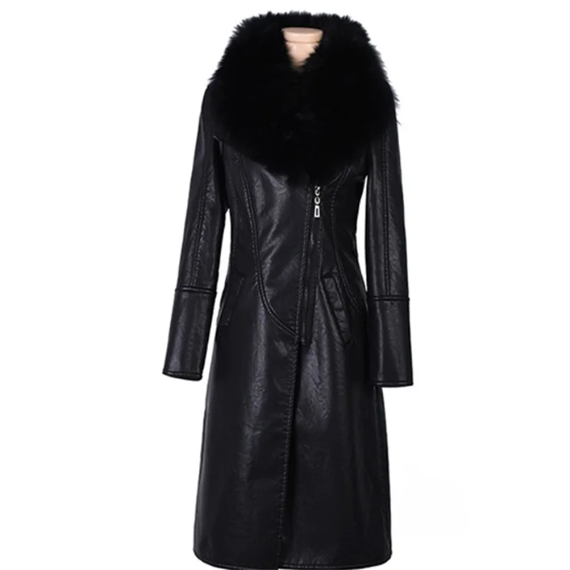 Winter PU leather clothing women's plus velvet thickening long section new slim slimming waist large fur collar leather jacket