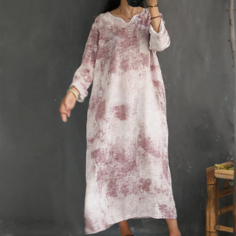 New Style Casual Literary Retro Printed Linen Long Female Dress 2019 Spring Summer v-neck Sleeve Women Dresses | Женская одежда