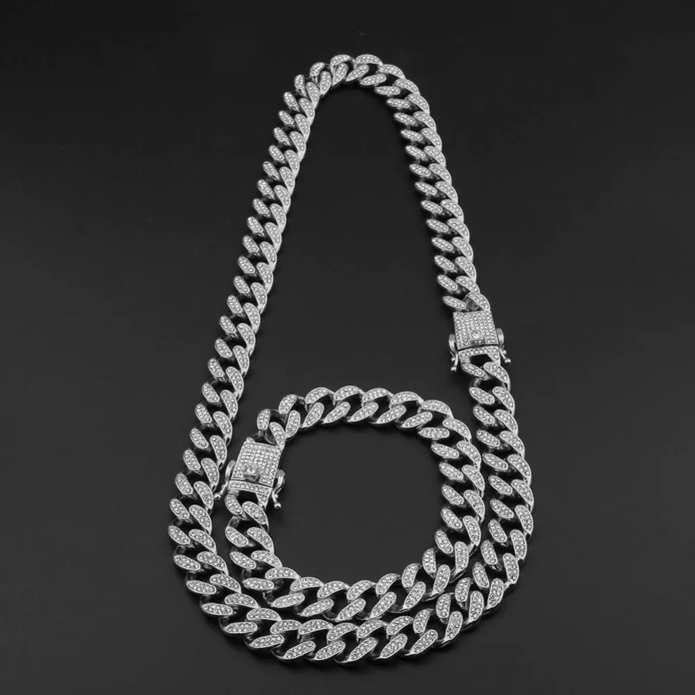 silver set BLING KING, 13 мм, набор из цепочки и браслета с кубаном из Майями и кубинским кубаном, полностью покрытые льдом, стразы, шикарный комплект ювелирных изделий в стиле хип-хоп - Окраска металла: silver set