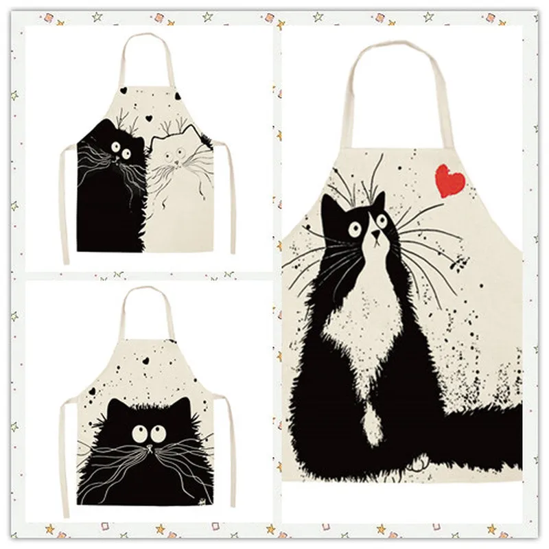 1Pcs Kitchen Apron Cute Cartoon Cat Printed Sleeveless Cotton Linen Aprons for Men Women Home Cleaning Tools 66*47cm