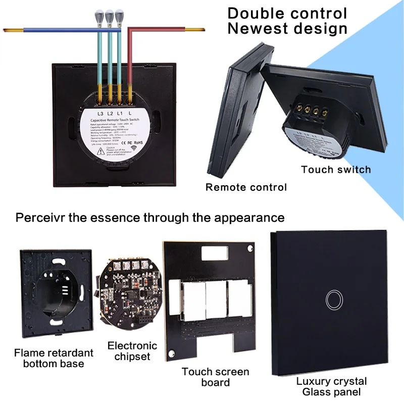 Vhome black Glass Wall lamp touch Sensor Switch 110v-240v&ampRF433mhz Wireless remote control switch for living bedroom chandelier |