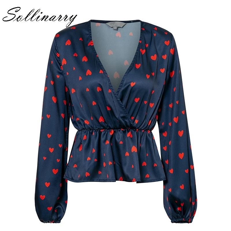 Sollinarry Heart Print Lantern Sleeve Satin Blouse Vintage Ruffles Short Women Deep V Neck Sexy Blusa Mujer |