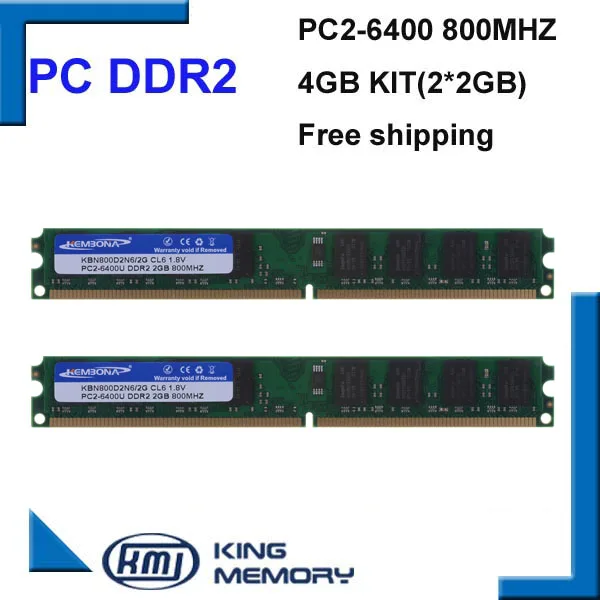 KEMBONA DDR2 800Mhz 4GB 800D2N6/2G (Kit of 2,2X 2GB for Dual Channel) PC2-6400 Brand New DIMM Memory Ram For Desktop Computer
