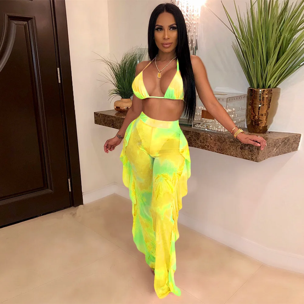 

BKLD Tie Dye Printed Sexy Two Piece Set Spaghetti Strap Sleeveless Crop Top And Ruffles Pants Mesh Sheer Summer Beach Women Sets