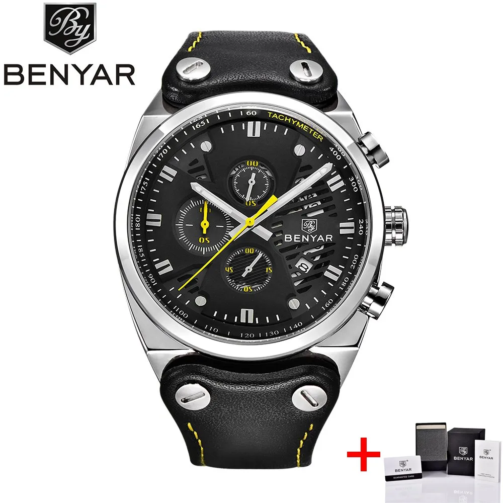 black silver yellow BENYAR спортивные часы с большим циферблатом, мужские водонепроницаемые уличные военные часы с хронографом, кварцевые часы с кожаным ремешком, армейские мужские часы, мужские часы - Цвет: black silver yellow