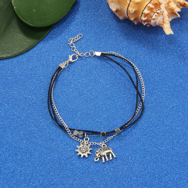 2018 Vintage Multiple Layers Anklets for Women Elephant Sun Pendant Charms Rope Chain Beach Summer Foot Ankle Bracelet Jewelry | Украшения