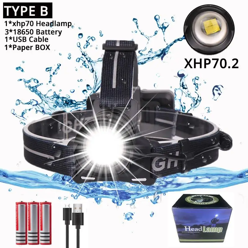 Супер яркий xhp70 2,0 налобный фонарь с зумом Головной фонарь вспышка светильник фонарь головной светильник 3*18650 батарея с коробкой и usb-кабелем - Испускаемый цвет: TYPE B