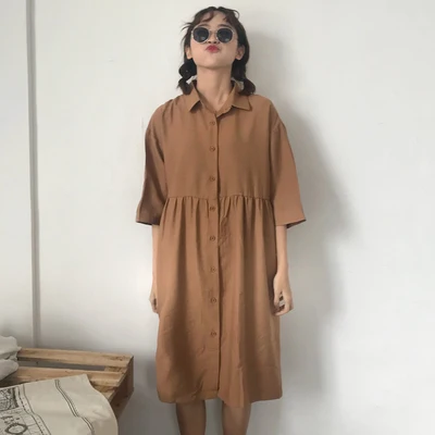 coffee 2 цвета женское летнее платье миди с коротким рукавом Vestidos повседневное однотонное свободное платье-рубашка женское s(C6023 - Цвет: coffee
