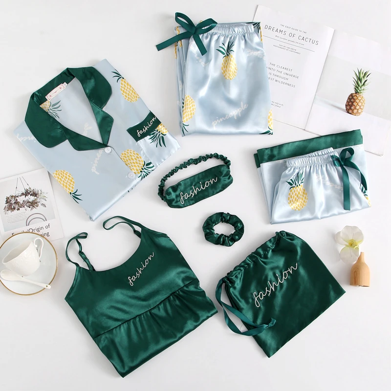 Лето Осень 7 шт набор шелковые элегантные пижамы для женщин в полоску розовые