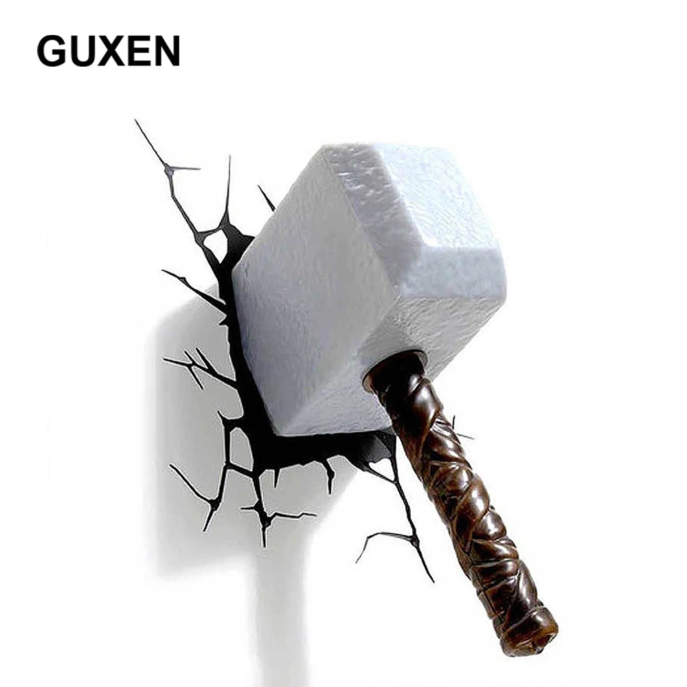 GUXEN Marvel Hammer 3D Night light Amazing Creative Sticker for bed lights iron lamp led avengers wall deco lighting | Лампы и