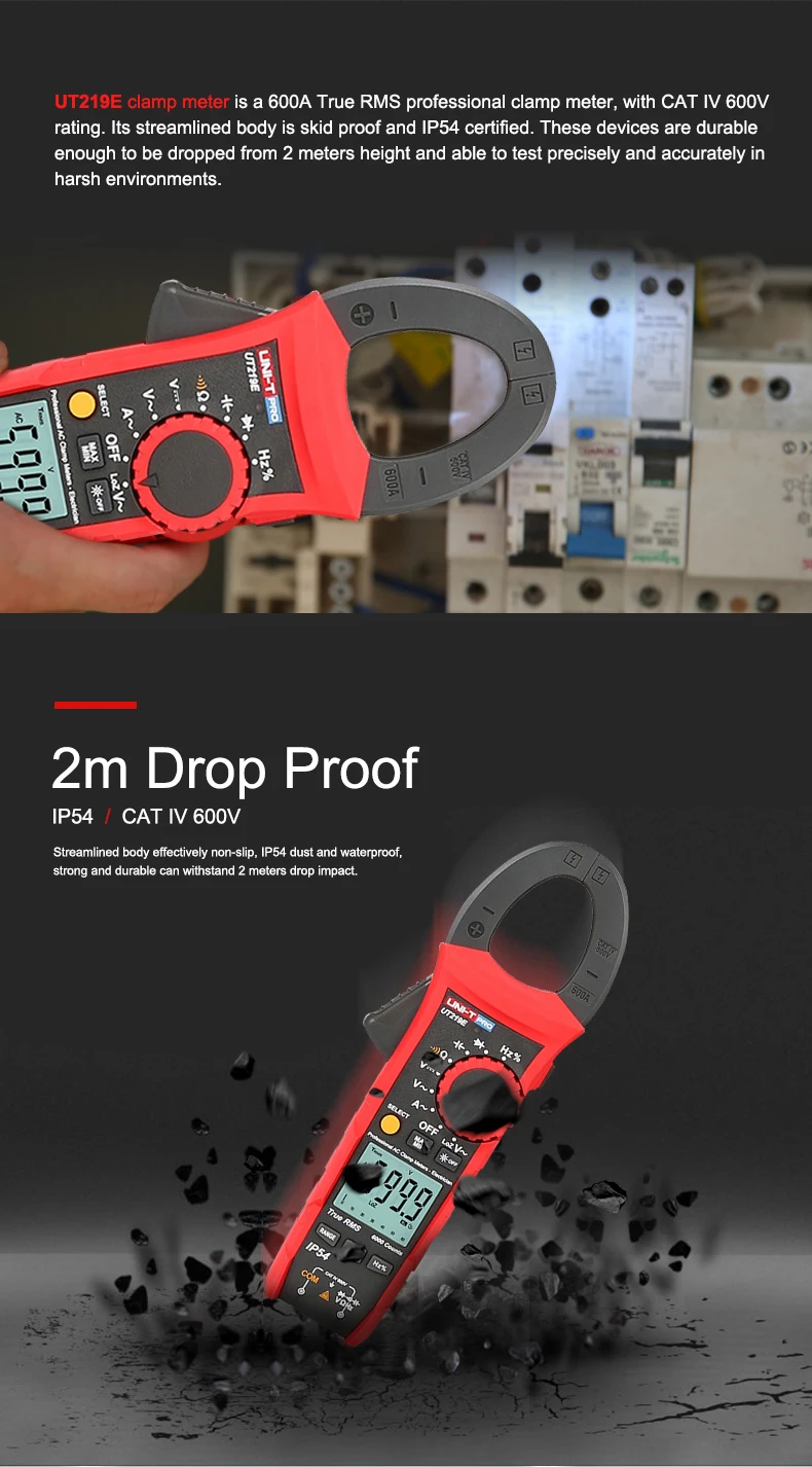 UNI-T UT219E Профессиональный клещи пылезащитный, водонепроницаемый True RMS цифровой амперметр LoZ измерение напряжения 5 раз выборки
