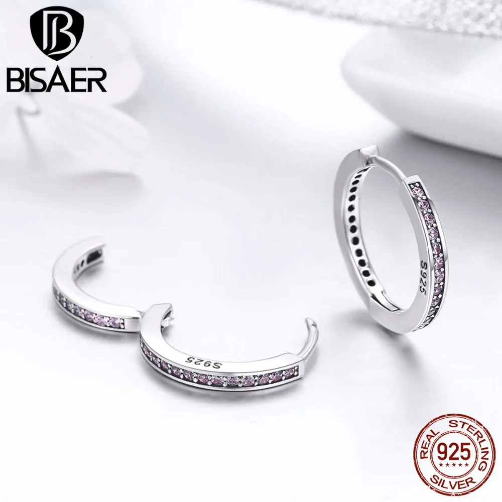 BISAER, 925 пробы, серебряные, розовые, кубические, круглые, маленькие серьги-кольца для женщин, простые серьги, Стерлинговое Серебро, ювелирное изделие, WEUS529