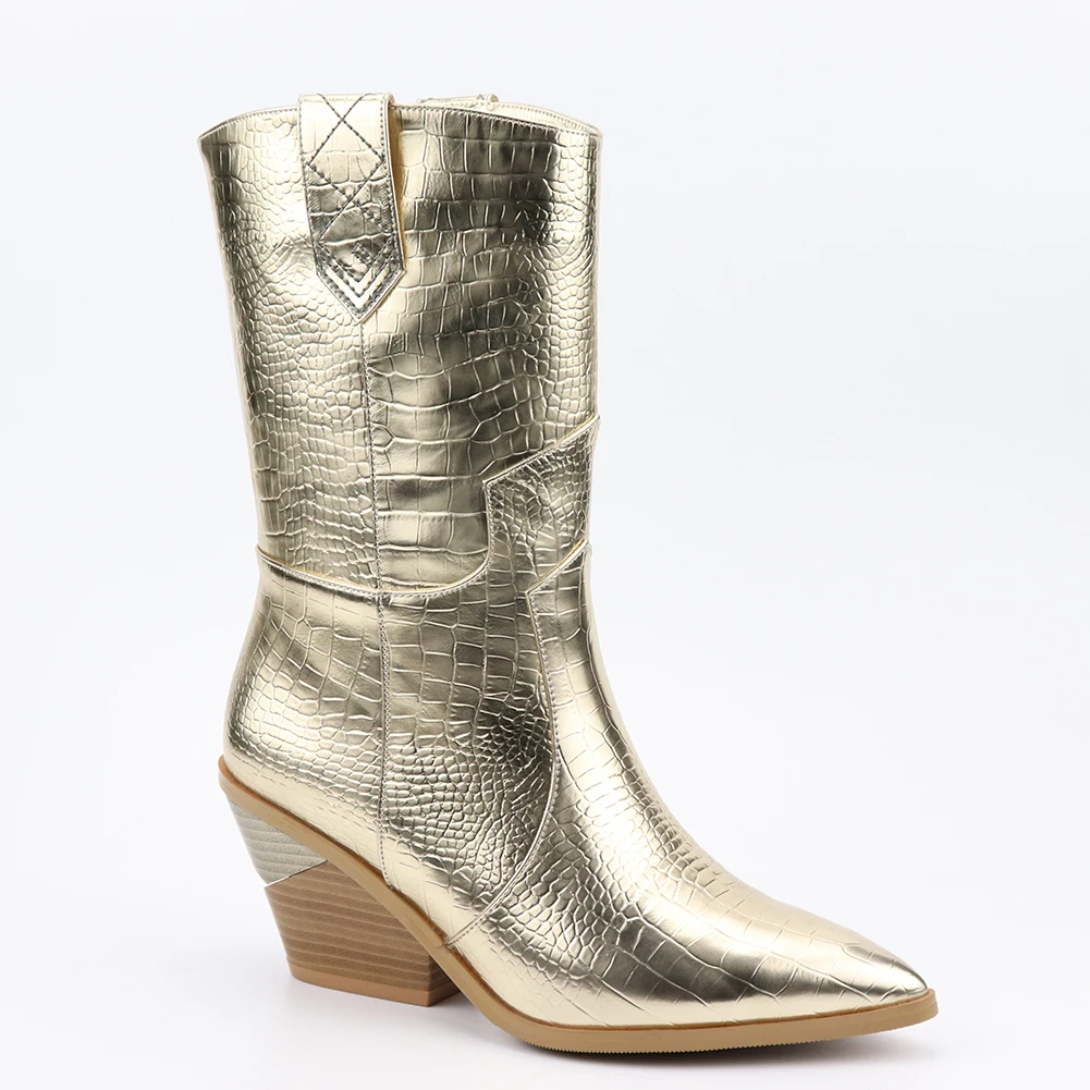 High Quality Brand Gold Winter Plus Size 46 Vintage Square Heels Woman Mid-Calf Boots women's Shoes Western Boots Shoes Women